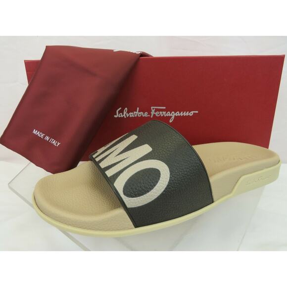 SALVATORE FERRAGAMO AMOS DARK BROWN RUBBER LETTERING LOGO SANDALS SLIDES 10 M main image 9